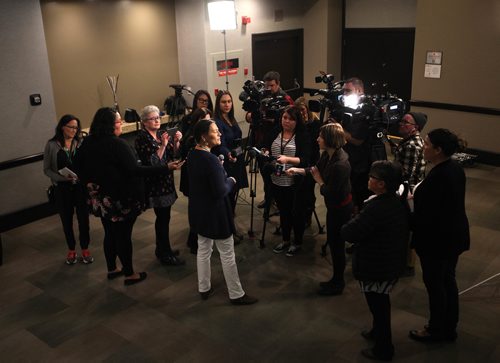 RUTH BONNEVILLE / WINNIPEG FREE PRESS

MMIW  Commissaire Michèle Audette talks to the media during presser at the Radisson  Hotel Tuesday.  
Oct 14,, 2017