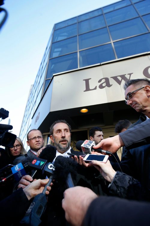 WAYNE GLOWACKI / WINNIPEG FREE PRESS

 Saul Simmonds, Mark Grant's defence lawyer meets with media  outside the law courts Wednesday after Mark Grant was found not guilty of second-degree murder for the 1984 killing of 13-year-old Candace Derksen.      Melissa Martin / Mike McIntyre stories  Oct.18 2017