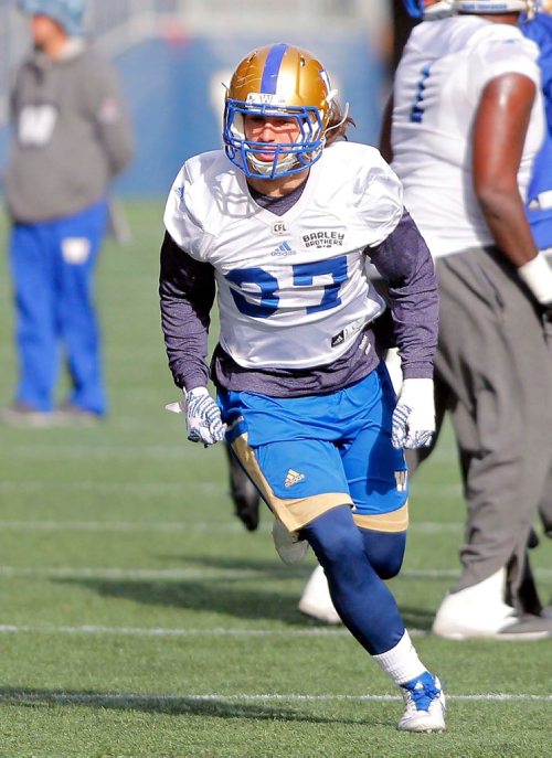 BORIS MINKEVICH / WINNIPEG FREE PRESS
Winnipeg Blue Bombers practice at IGF. #37 Christophe Normand. OCT. 19, 2017