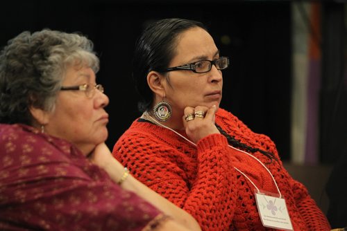 RUTH BONNEVILLE / WINNIPEG FREE PRESS

MMIW  Rachel Willan (right) who was a victim of trafficking listens to Commissaire Michèle Audette summarize her reflections after hearing her story, as well as others stories, during Inquiry at the Radisson  Hotel Tuesday.  Her longtime friend Belinda Vandenbroeck sits next to her as a support during session Thursday.   
See Alex Paul story.  
Oct 19,, 2017