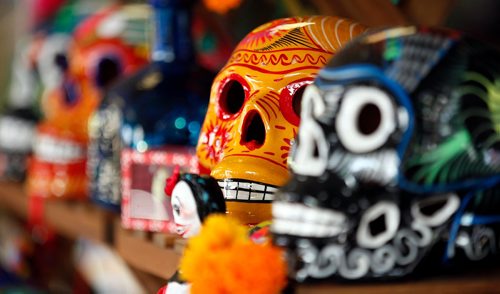 PHIL HOSSACK / WINNIPEG FREE PRESS  -  Painted Skills line the shelf in preperation for "Day of the Dead" at  "La Bodega".  Dave Sanderson's story. SUNDAY SPECIAL  - Oct 19, 2017