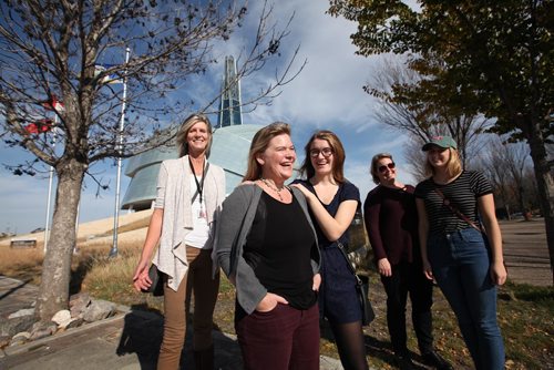 RUTH BONNEVILLE / WINNIPEG FREE PRESS

Amy Nelson  travel writer for St. Paul Pioneer Press and editor of Spaces magazine (centre)  with her daughter Isabel Sander 17 (dress, left), Julia Michienzi, 17   daughters friend and Gretchen Michienzi  friend's mom along with Maureen Fitzhenry with CMHR media relations outside the museum.  

Nelson  is one of about 80 passing through Winnipeg this year and 120 last year. Her daughter Isabel likes Winnipeg so much that she is considering going to University here next year.
 
See Gordon Sinclair column on how Winnipeg is becoming popular travel destination.   

 
Oct 20,, 2017