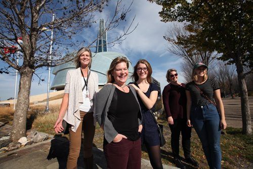 RUTH BONNEVILLE / WINNIPEG FREE PRESS

Amy Nelson  travel writer for St. Paul Pioneer Press and editor of Spaces magazine (centre)  with her daughter Isabel Sander 17 (dress, left), Julia Michienzi, 17   daughters friend and Gretchen Michienzi  friend's mom along with Maureen Fitzhenry with CMHR media relations outside the museum.  

Nelson  is one of about 80 passing through Winnipeg this year and 120 last year. Her daughter Isabel likes Winnipeg so much that she is considering going to University here next year.
 
See Gordon Sinclair column on how Winnipeg is becoming popular travel destination.   

 
Oct 20,, 2017