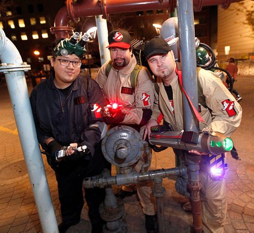 PHIL HOSSACK / WINNIPEG FREE PRESS  -  Left to right - Chris Liu, and Scott Craig, Justin Morison, for the Oct. 23 edition the Volunteers column.
Chris, Scott and Justin are members of the Manitoba Ghostbusters, a local group of Ghostbusters fans who dress up like characters from the movies. The group volunteers its time by appearing at charity events and raising money for local charities. See story.  - Oct 20, 2017