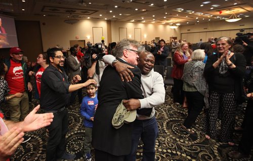 RUTH BONNEVILLE / WINNIPEG FREE PRESS


Dougald Lamont is hugged by supporters after being announced the winner of the Manitoba Liberal leadership race at Victoria Inn Saturday.  
 
Oct 21,, 2017
