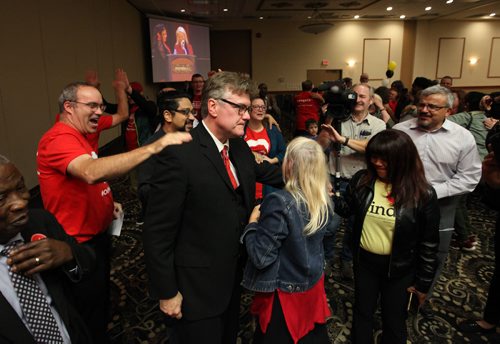 RUTH BONNEVILLE / WINNIPEG FREE PRESS


Dougald Lamont is hugged by supporters after being announced the winner of the Manitoba Liberal leadership race at Victoria Inn Saturday.  
 
Oct 21,, 2017