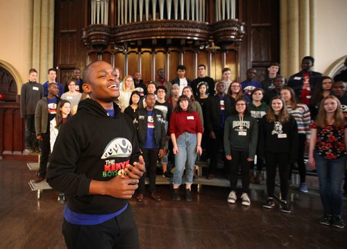 RUTH BONNEVILLE / WINNIPEG FREE PRESS

LOCAL STDUP - Famous Kenyan Boys Choir make music  and rehearse with local students with Pembina Trails Voices  at Knox United Church Monday morning for concert later in evening.  
Tenor 1 singer Karoli Mwanyalo does a solo piece with both choirs singing behind in as they rehearse a native Kenyan song together Monday.  

See press release for more info.


Oct 23,, 2017