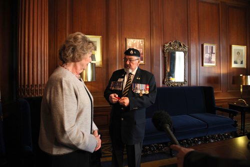 RUTH BONNEVILLE / WINNIPEG FREE PRESS

LOCAL STDUP 

LIEUTENANT-GOVERNOR  (Lt.-Gov.), Janice Filmon is  presented with the first poppy of this years annual Royal Canadian Legion fundraiser at the Legislative Building, by Comrade Ronn Anderson, chairman, poppy campaign, Royal Canadian Legion, Manitoba and Northwestern Ontario Command.




Oct 23,, 2017