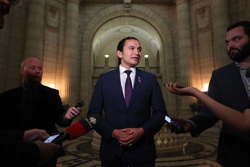 RUTH BONNEVILLE / WINNIPEG FREE PRESS

Manitoba NDP leader Wab Kinew   scrums with media  after QP at the Legislative Building Monday.  



Oct 23,, 2017