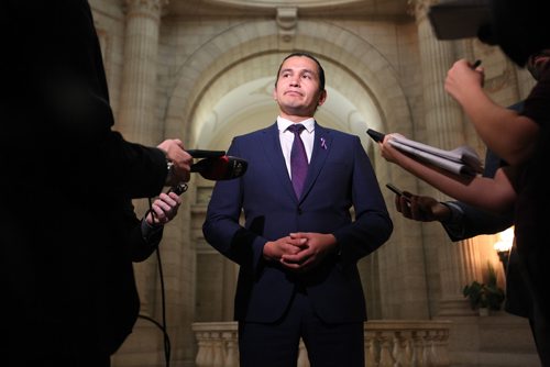 RUTH BONNEVILLE / WINNIPEG FREE PRESS

Manitoba NDP leader Wab Kinew   scrums with media  after QP at the Legislative Building Monday.  



Oct 23,, 2017