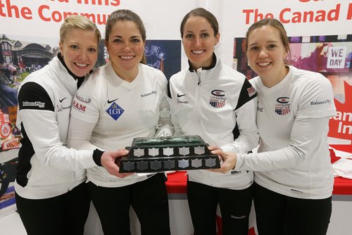JOHN WOODS / WINNIPEG FREE PRESS
Team Roth made up of, from left, Nina Roth, Rebecca Hamilton, Tabitha Peterson, and Aileen Geving  defeated Anna Hasselborg and her team to win the Canad Inns Women's Classic in Portage La Prairie Monday, October 23, 2017.