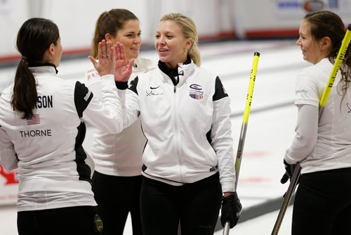 JOHN WOODS / WINNIPEG FREE PRESS
Nina Roth (C) and her team (L to R)Tabitha Peterson, Rebecca Hamilton and Aileen Geving celebrate defeating Anna Hasselborg and her team in the Canad Inns Women's Classic in Portage La Prairie Monday, October 23, 2017.