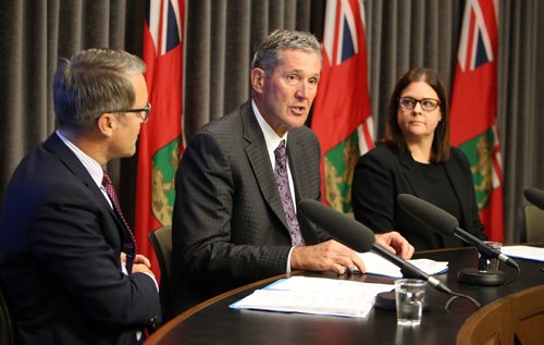 JASON HALSTEAD / WINNIPEG FREE PRESS

L-R: Finance Minister Cameron Friesen, Premier Brian Pallister and Justice Minister Heather Stefanson take part in a pre-budget consultation press conference at the Manitoba legislature building on Oct. 24, 2017.
