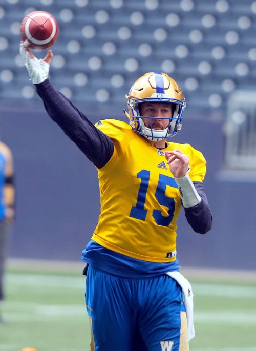 BORIS MINKEVICH / WINNIPEG FREE PRESS
Winnipeg Blue Bomber practice at IGF. #15 Matt Nichols. OCT. 24, 2017