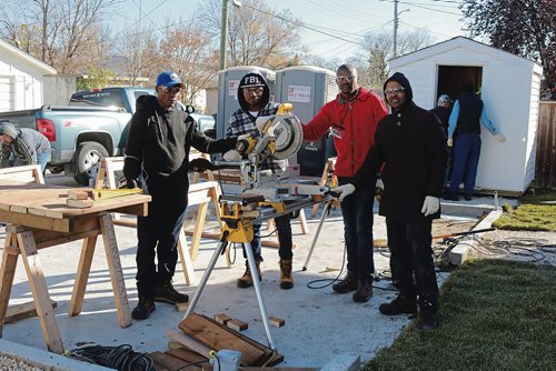 Canstar Community News Oct. 18, 2017 - Oct. 18, 2017 - Red River Colleges Language Training Centres Pathway Program to Construction Skills students Martin Mukendi, Edouard Masuku, Yannick Kafunda and Kadar Ahmud put their skills into practice at a Habitat for Humanity home located at 2003 Ross Ave. W. (LIGIA BRAIDOTTI/CANSTAR COMMUNITY NEWS/TIMES)