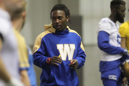RUTH BONNEVILLE / WINNIPEG FREE PRESS

Winnipeg Blue Bombers practice  at Subway Soccer South indoor field Thursday.  
BB #20 Timothy Flanders on sidelines at practice Thursday. 
Oct 26,, 2017