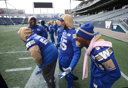 RUTH BONNEVILLE / WINNIPEG FREE PRESS

Winnipeg Blue Bombers at walk-thru practice at Investors Group Stadium Friday.  
BB # 60 Kyle Knox  (right) have some fun with teammates while waiting on sidelines Friday.  
Oct 27, 2017