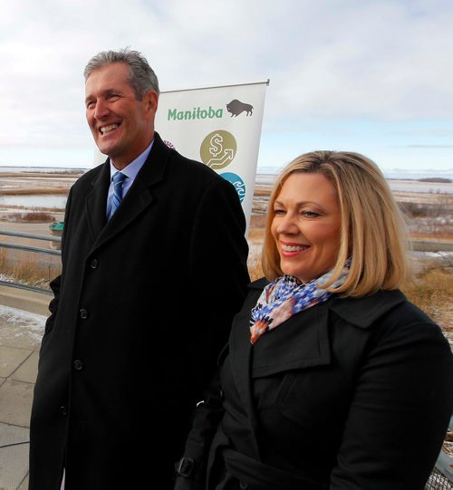 BORIS MINKEVICH / WINNIPEG FREE PRESS
From left, Premier Brian Pallister and Sustainable Development Minister Rochelle Squires announce the Made-in-Manitoba Climate and Green Plan at Oak Hammock Marsh Interpretive Centre. Oct. 27, 2017