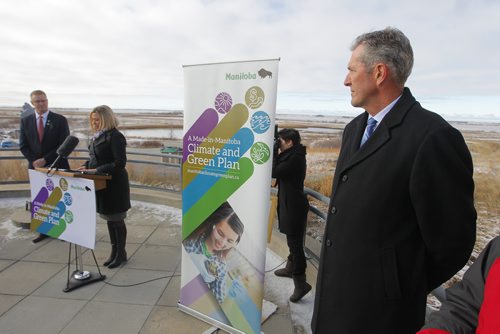 BORIS MINKEVICH / WINNIPEG FREE PRESS
Premier Brian Pallister, right, and Sustainable Development Minister Rochelle Squires, at podium, announce the Made-in-Manitoba Climate and Green Plan at Oak Hammock Marsh Interpretive Centre. Oct. 27, 2017