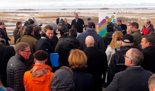 BORIS MINKEVICH / WINNIPEG FREE PRESS
Premier Brian Pallister speaks to media and stakeholders at the announcement of the Made-in-Manitoba Climate and Green Plan press conference at Oak Hammock Marsh Interpretive Centre. Oct. 27, 2017