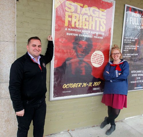 BORIS MINKEVICH / WINNIPEG FREE PRESS
Stage Frights - A Haunted House Experience at the Burton Cummings Theatre. From left, Ruben Ramalheiro, Director, Live Entertainment. TNSE, and Andraea Sartison, Artistic Producer, One Trunk Theatre and Co-Owner Fête Jockey Events pose in front of the Theatre with the show poster. Oct. 29, 2017