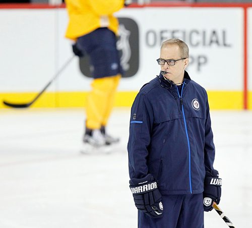 PHIL HOSSACK / WINNIPEG FREE PRESS  -  Paul Maurice's intensity shows as he chews his whistle at the Winnipeg Jets workout Monday. See Mike McIntye's story.  - Oct 30, 2017