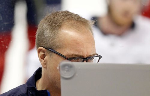 PHIL HOSSACK / WINNIPEG FREE PRESS  -  Paul Maurice's intensity shows above the whiteboard at the Winnipeg Jets workout Monday. See Mike McIntye's story.  - Oct 30, 2017