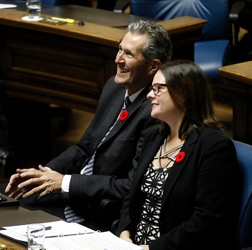 PHIL HOSSACK / WINNIPEG FREE PRESS  -  Premier Brian Pallister and Mb Minister of Justice Heather Stefanson in Question Period Monday.   See story.  - Oct 30, 2017