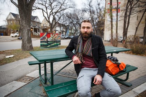 MIKE DEAL / WINNIPEG FREE PRESS
Rob Moquin, Policy Manager at Food Matters Manitoba in the small park across the street from the University of Winnipeg at Spence and Ellice.
171031 - Tuesday, October 31, 2017.