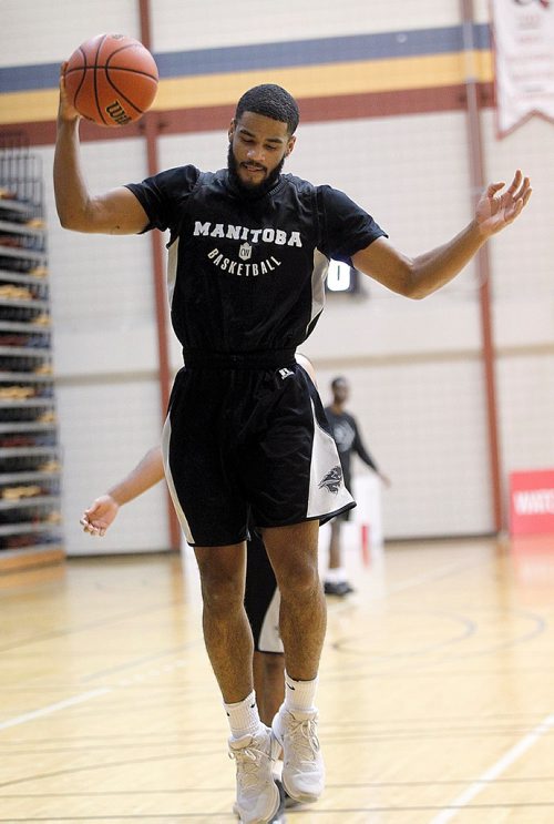 PHIL HOSSACK / WINNIPEG FREE PRESS  - Bison  Justus Alleyne coes down with the ball Tuesday at the team workout. See Mike Sawatzsky story.  - Oct 31, 2017