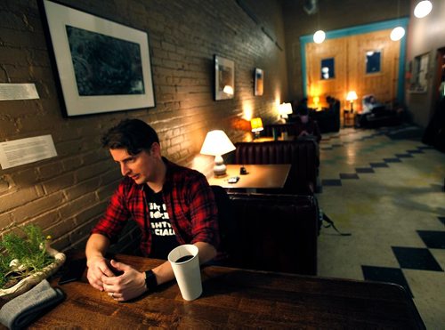 PHIL HOSSACK / WINNIPEG FREE PRESS  -  Zac Echola, and organizer with the Democratic Socialists of America poses in a downtown Fargo coffee shop Tuesday. See Melissa Martin feature. - Oct 24, 2017