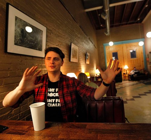 PHIL HOSSACK / WINNIPEG FREE PRESS  -  Zac Echola, and organizer with the Democratic Socialists of America poses in a downtown Fargo coffee shop Tuesday. See Melissa Martin feature. - Oct 24, 2017