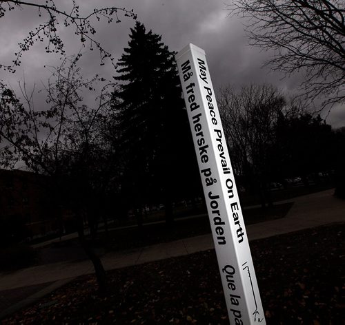 PHIL HOSSACK / WINNIPEG FREE PRESS  - U of Minot marks peace with a post listing"May Peace Prevail on Earth" in several languages. on the State Univercity's campus Thursday. . See Melissa Martin feature. - Oct 26, 2017