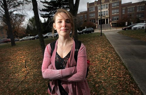 PHIL HOSSACK / WINNIPEG FREE PRESS  - U of Minot student Katy Demming (23) poses on the State Univercity's campus Thursday. . See Melissa Martin feature. - Oct 26, 2017