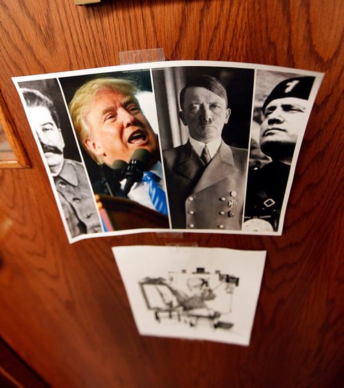 PHIL HOSSACK / WINNIPEG FREE PRESS  - President Donald Trump's portrait appears in a collection of facist dictators on a U of Minot door. See Melissa Martin feature. - Oct 26, 2017