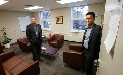WAYNE GLOWACKI / WINNIPEG FREE PRESS

At left, Kevin Scott, CEO, Deer Lodge Centre and Michael Kaan, Clinic Manager at the Operational Stress Injury Clinic  in the family therapy room in the Deer Lodge Centre. The clinic helps veterans with mental health issues including PTSD. For  Kevin Rollason Remembrance Day feature.  Nov.1  2017