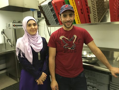 CAROL SANDERS/WINNIPEG FREE PRESS 
Mustafa Alsaid Hammoud and his wife Mona Al Khatib started the catering company Damascus Foods after arriving in Altona two years ago with their three kids. Mustafa, who was a chef in Damascus, prepares shawarmas for a group of journalism students and staff from Princeton University Wednesday at Altona's Bergthaler Mennonite Church. November 1, 2017