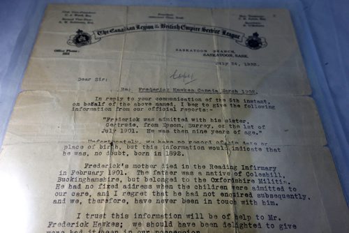 WAYNE GLOWACKI / WINNIPEG FREE PRESS

Frederick Hawkes was in France with the 8 th Battalion¤(90th Winnipeg Rifles) in November 1918. This is a letter from The Canadian Legion of the British Empire Service League dated July 24, 1933.   This is part of the collection of Pte. Frederick Hawkes military memorabilia, papers and pictures the Minto Armouries Museum recently acquired.  Nov.2  2017