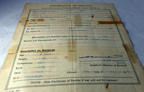 WAYNE GLOWACKI / WINNIPEG FREE PRESS

Frederick Hawkes was in France with the 8 th Battalion¤(90th Winnipeg Rifles) in November 1918. This is his Certificate of Service dated July, 1931.   This is part of the collection of Pte. Frederick Hawkes military memorabilia, papers and pictures the Minto Armouries Museum recently acquired.  Nov.2  2017