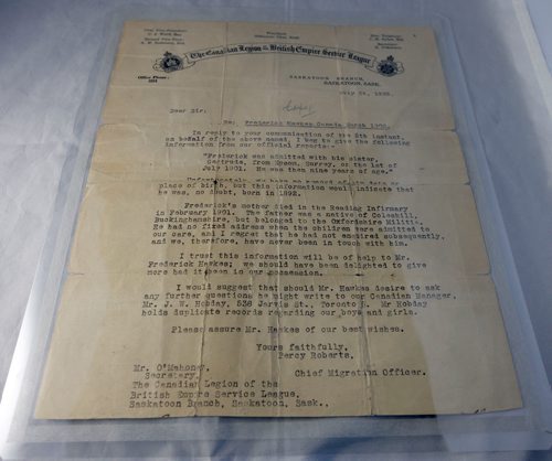 WAYNE GLOWACKI / WINNIPEG FREE PRESS

Frederick Hawkes was in France with the 8 th Battalion¤(90th Winnipeg Rifles) in November 1918. This is a letter from The Canadian Legion of the British Empire Service League dated July 24, 1933.  This is part of the collection of Pte. Frederick Hawkes military memorabilia, papers and pictures the Minto Armouries Museum recently acquired.  Nov.2  2017