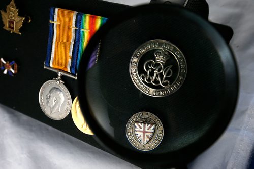 WAYNE GLOWACKI / WINNIPEG FREE PRESS

Frederick Hawkes was in France with the 8 th Battalion¤(90th Winnipeg Rifles) in November 1918.  A magnified view of his pin with the Union Jack awarded to him for service in WW 1 at the front line in France.This is part of the collection of Pte. Frederick Hawkes military memorabilia, papers and pictures the Minto Armouries Museum recently acquired.  Nov.2  2017