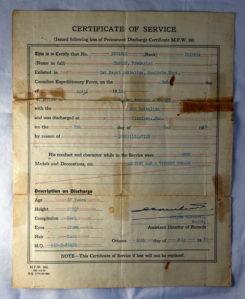 WAYNE GLOWACKI / WINNIPEG FREE PRESS

Frederick Hawkes was in France with the 8 th Battalion¤(90th Winnipeg Rifles) in November 1918. This is his Certificate of Service dated July, 1931.   This is part of the collection of Pte. Frederick Hawkes military memorabilia, papers and pictures the Minto Armouries Museum recently acquired.  Nov.2  2017