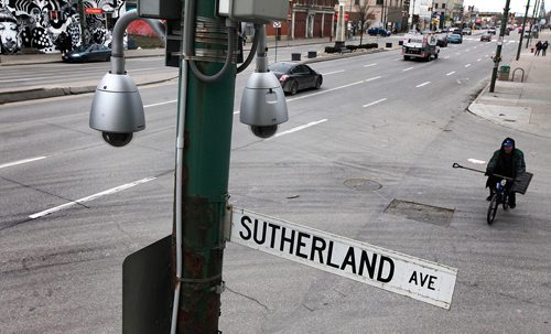 PHIL HOSSACK / WINNIPEG FREE PRESS  - A pair of city police cameras mounted on a post at the spot where an off duty police officer struck and killed a pedestrian at Sutherland on Main. See Gord Sinclair's story. - November 2, 2017