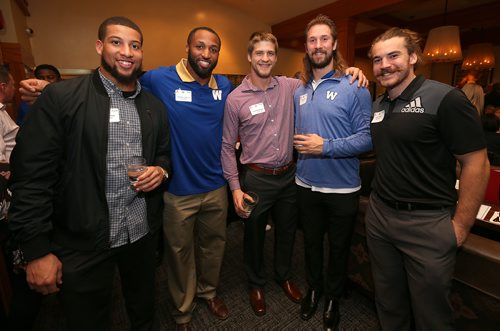 JASON HALSTEAD / WINNIPEG FREE PRESS

L-R: Winnipeg Blue Bombers players LB Jovan Santos-Knox, DE Jackson Jeffcoat, WR Drew Wolitarsky, DB Taylor Loffler and FB John Rush at the Hearts of Blue and Gold Bomber Dinner at Earls Kitchen and Bar on Main St. on Oct. 24, 2017, a fundraiser for Variety, the Childrens Charity of Manitoba. (See Social Page)
