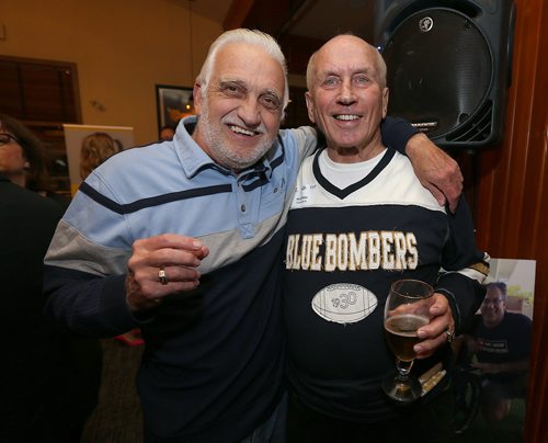JASON HALSTEAD / WINNIPEG FREE PRESS

L-R: Winnipeg Blue Bombers fan and writer Roy Rosmus with Bombers alumnus Nick Miller at the Hearts of Blue and Gold Bomber Dinner at Earls Kitchen and Bar on Main St. on Oct. 24, 2017, a fundraiser for Variety, the Childrens Charity of Manitoba. (See Social Page)
