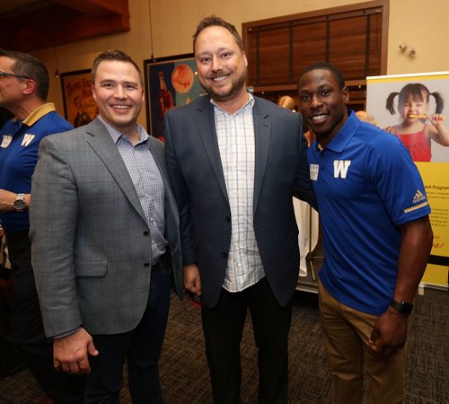 JASON HALSTEAD / WINNIPEG FREE PRESS

L-R: Bob Lewin, Doug Mulder and Winnipeg Blue Bombers WR Clarence Denmark at the Hearts of Blue and Gold Bomber Dinner at Earls Kitchen and Bar on Main St. on Oct. 24, 2017, a fundraiser for Variety, the Childrens Charity of Manitoba. (See Social Page)
