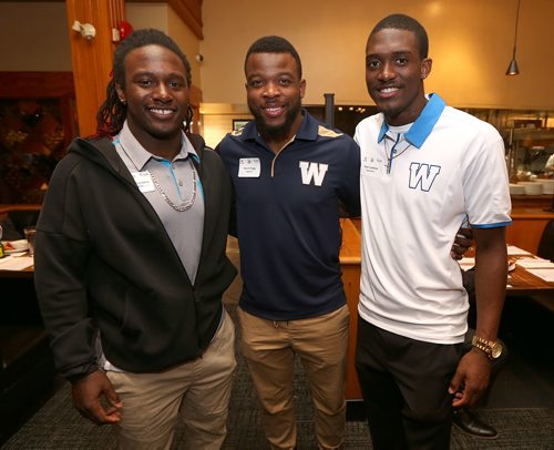 JASON HALSTEAD / WINNIPEG FREE PRESS

L-R: WInnipeg Blue Bombers players RB Timothy Flanders, DB Kevin Fogg and WR Ryan Lankford at the Hearts of Blue and Gold Bomber Dinner at Earls Kitchen and Bar on Main St. on Oct. 24, 2017, a fundraiser for Variety, the Childrens Charity of Manitoba. (See Social Page)
