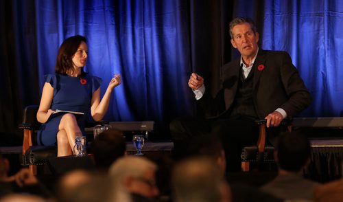 WAYNE GLOWACKI / WINNIPEG FREE PRESS 

Premier Brian Pallister and Leah Hextall, Sports Host/Reporter have a "fireside chat" at the Manitoba Progressive Conservatives annual meeting at the RBC Convention Centre on Saturday. Larry Kusch story. Nov. 4 2017