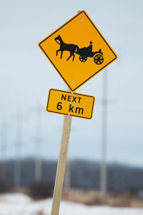 JOHN WOODS / WINNIPEG FREE PRESS
Signage warning drivers of horse and cart traffic on highway 201 east and west of Vita have been posted in preparation of an increase of Amish residents photographed Sunday, November 5, 2017.