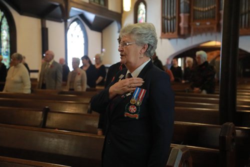 COLIN CORNEAU / WINNIPEG FREE PRESS
Carol Agerbak Hadley sings "God Save The Queen" during a Remembrance Day service Sunday morning. Hadley is prairie regional director of the Hong Kong Veterans Commemorative Association, who played a large role in the service as the church had many members of the Winnipeg Grenadiers battalion - who made up a large part of Hong Kong veterans - in their membership during the Second World War.